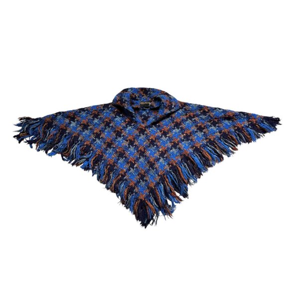 70s Vintage Wool Sweater Cape Arolan Kutomo Finland Boho Hippie Fringe Plaid. - Picture 5 of 13